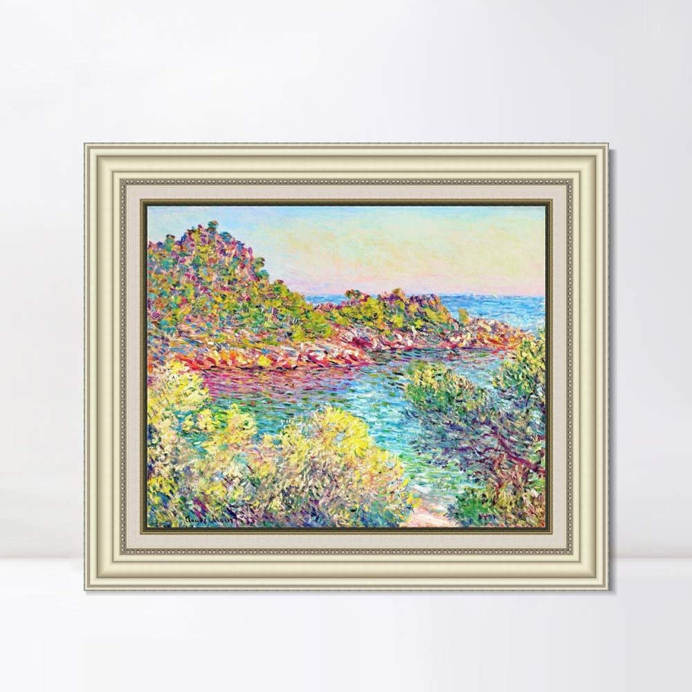 INVIN ART Framed Canvas Art Giclee Print Landscape Near Montecarlo(1883) by Claude Monet Wall Art Living Room Home Office Decorations(Beige Color Frame with Linen Liner,20"x24")