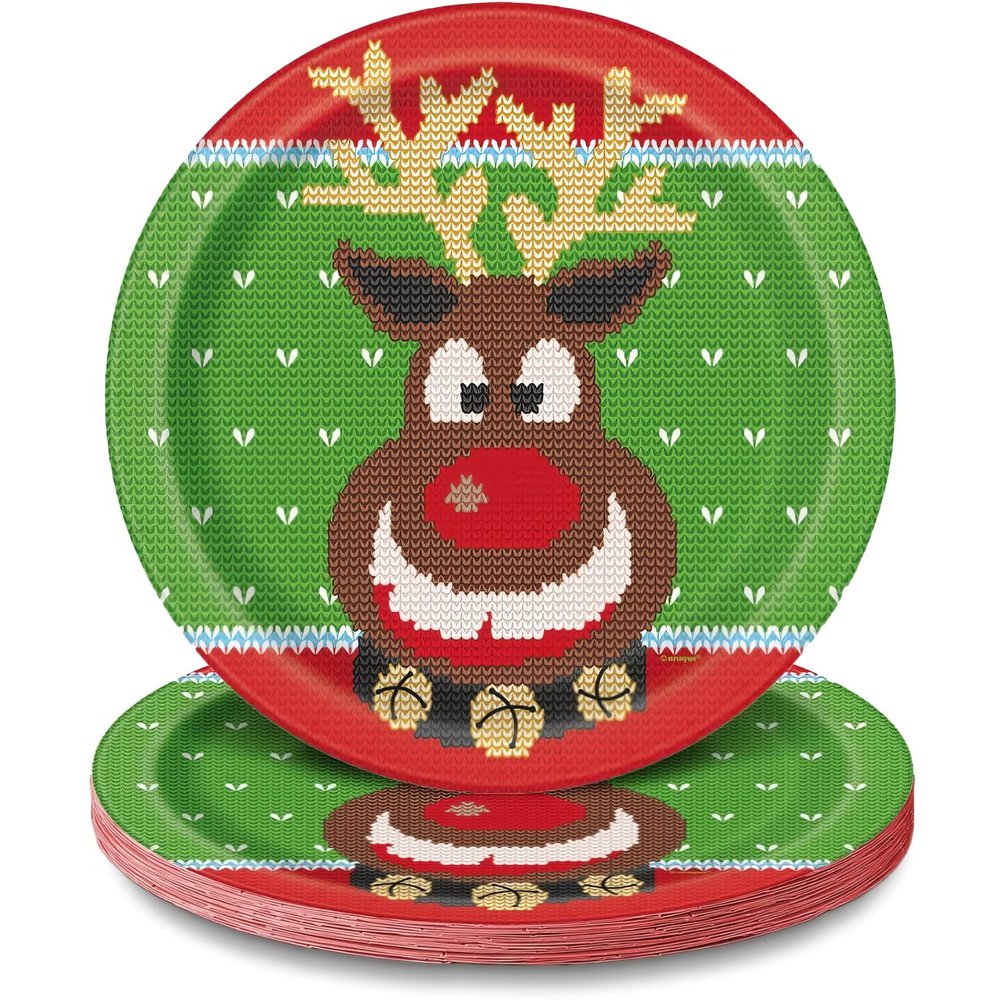Ugly Sweater Christmas Round Dinner Plates - 9" (Pack of 8) - Festive Design for Holiday Celebrations - Perfect for Family Gatherings and Parties