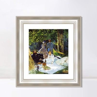 INVIN ART Framed Canvas Art Giclee Print Luncheon on The Grass, Central Panel by Claude Monet Wall Art Living Room Home Office Decorations(Classic Silver Frame with Mat,20"x24")
