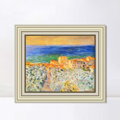 INVIN ART Framed Canvas Art Giclee Print Burgo Marina at Bordighera(1884) by Claude Monet Wall Art Living Room Home Office Decorations(Beige Color Frame with Linen Liner,20"x24")