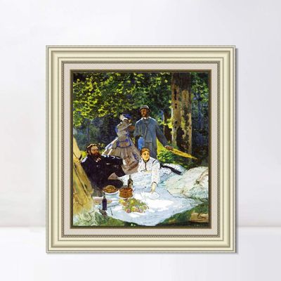 INVIN ART Framed Canvas Art Giclee Print Luncheon on The Grass, Central Panel by Claude Monet Wall Art Living Room Home Office Decorations(Beige Color Frame with Linen Liner,20"x24")