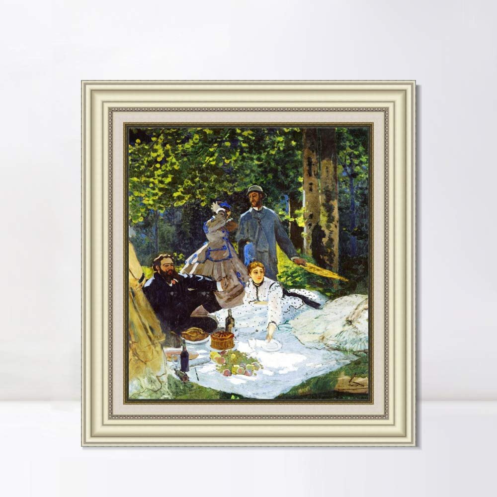 INVIN ART Framed Canvas Art Giclee Print Luncheon on The Grass, Central Panel by Claude Monet Wall Art Living Room Home Office Decorations(Beige Color Frame with Linen Liner,20"x24")