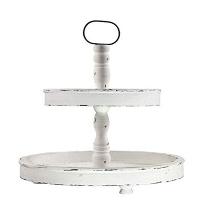 Deluxe Lamp Distressed Antique White Wood Metal Handle 2-Tier Wooden Tray Dining Table Counter Home Decor (Antique White)