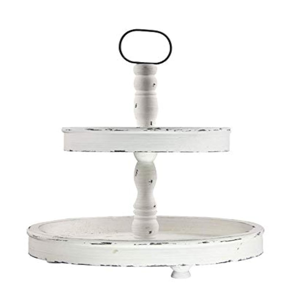 Deluxe Lamp Distressed Antique White Wood Metal Handle 2-Tier Wooden Tray Dining Table Counter Home Decor (Antique White)