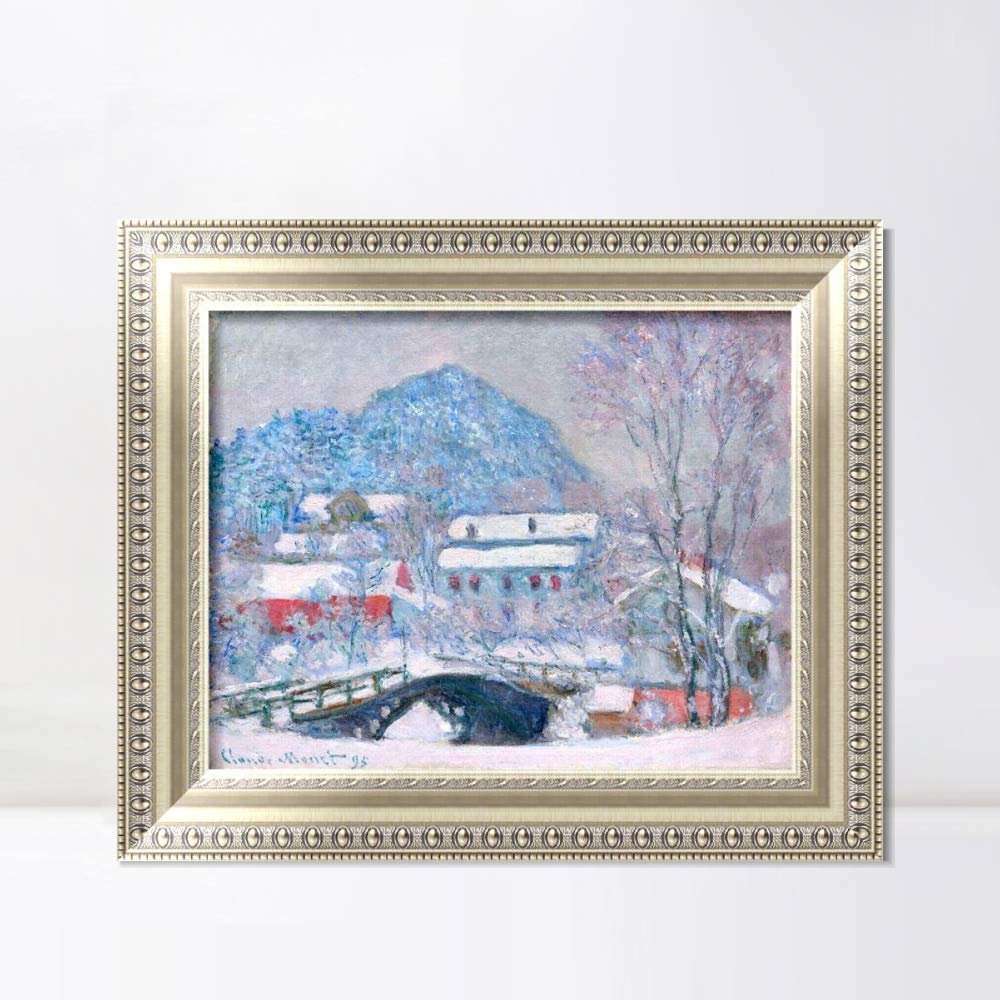 INVIN ART Framed Canvas Art Giclee Print Norway, Sandviken Village in the Snow (1895) by Claude Monet Wall Art Living Room Home Office Decorations(European Style Silver Frame,20"x24")