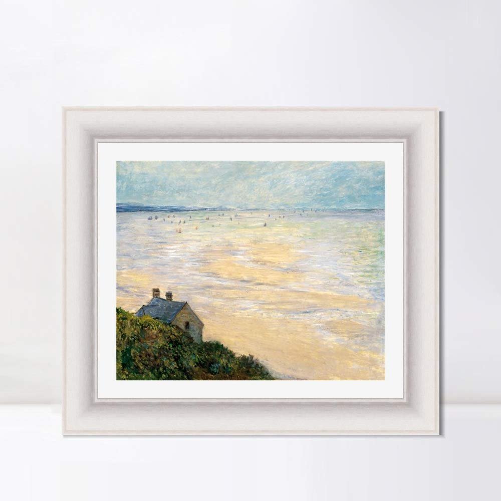 INVIN ART Framed Canvas Art Giclee Print The Hut in Trouville, Low Tide, 1881 by Claude Monet Wall Art Living Room Home Office Decorations(Modern Simple White Frame with Mat,20"x24")