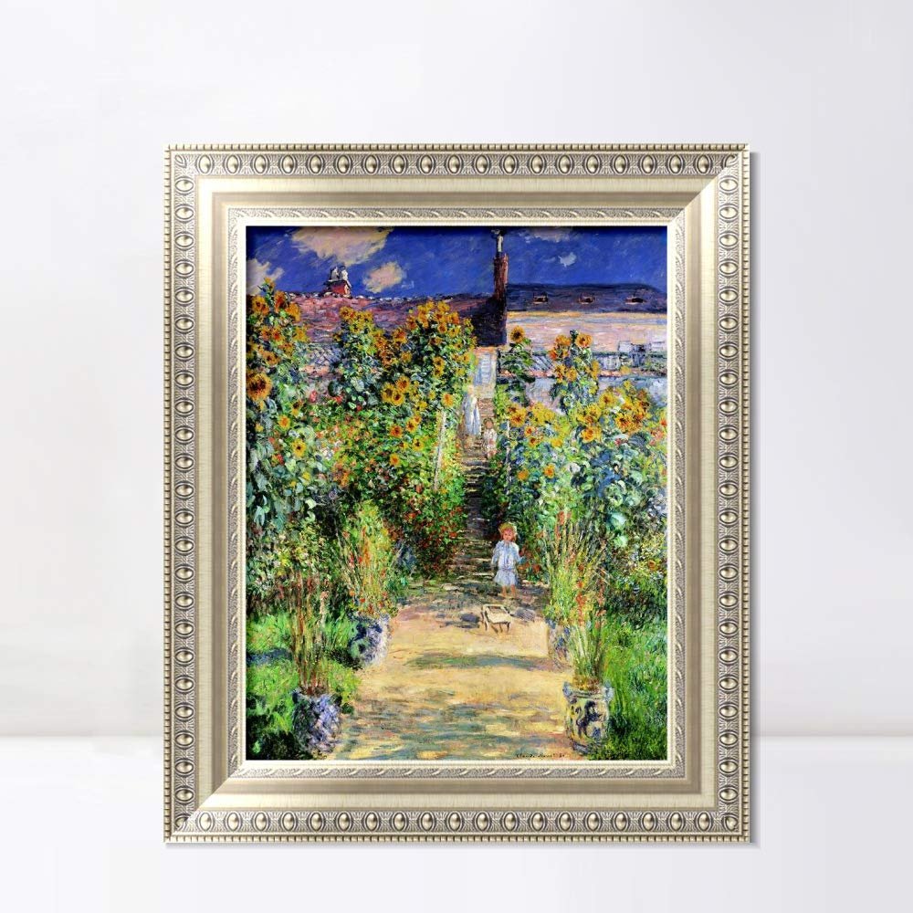 INVIN ART Framed Canvas Art Giclee Print Monet's garden at Vtheuil by Claude Monet Wall Art Living Room Home Office Decorations(European Style Silver Frame,20"x24")