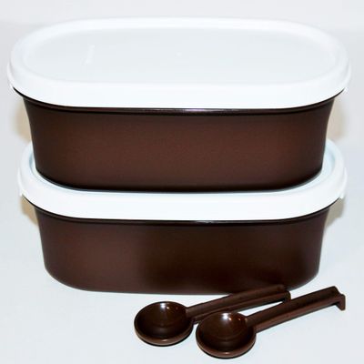 Tupperware Set of 2 Tea and Coffee Containers with Spoons #1 Oval Modular Mates 2 Cups Brown White