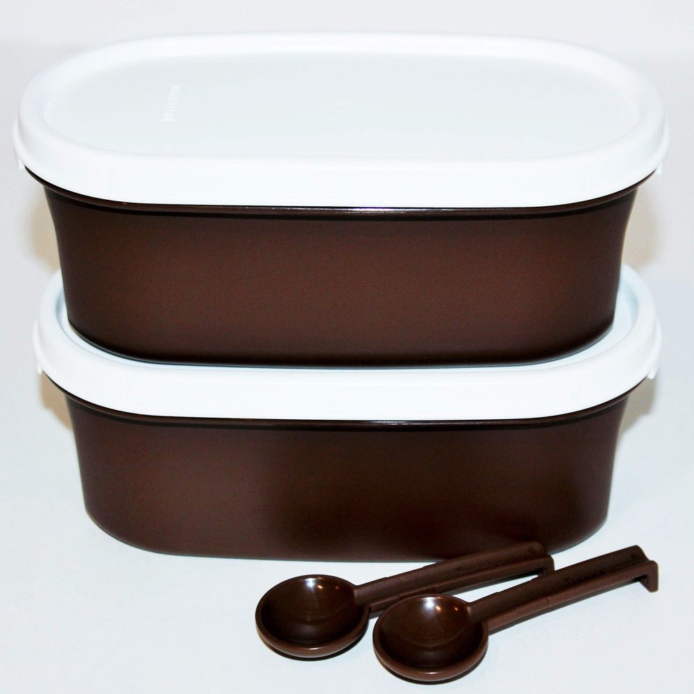 Tupperware Set of 2 Tea and Coffee Containers with Spoons #1 Oval Modular Mates 2 Cups Brown White