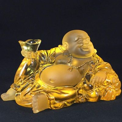 Amore Jewell Laughing Buddha w/Pocket Maitreya Amber Color Fengshui Decoration Ornament Gift for Home & Office (Liuli Crystal Glass) ~ Last ONE ~