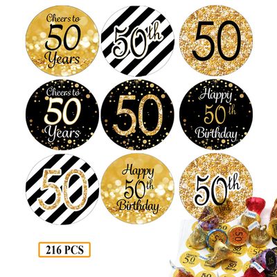 DFYOUHOME 50th Birthday Party Favor Labels Stickers 3/4" Circle- Printed Party Labels Decorations Supplies for Small Candies Sealing Envelopes Scrapbooks Grab Bags Gold Black and White (216 PCS)
