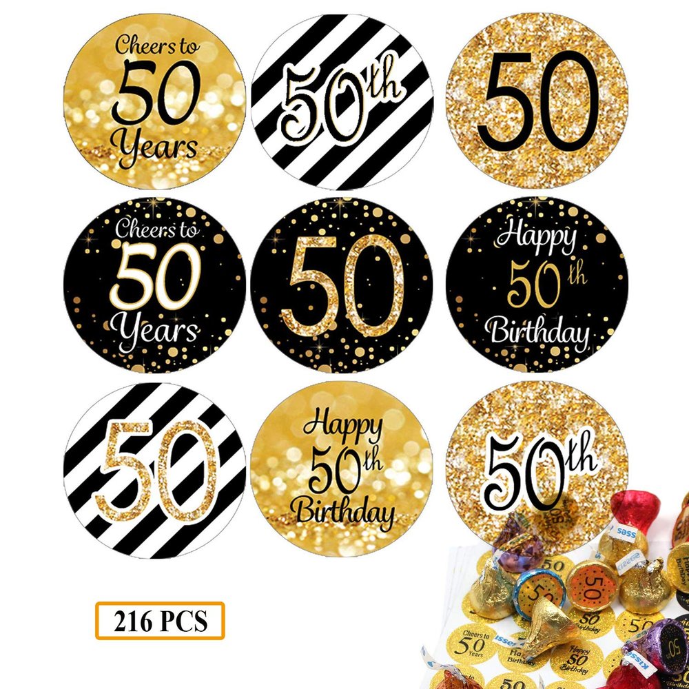 DFYOUHOME 50th Birthday Party Favor Labels Stickers 3/4" Circle- Printed Party Labels Decorations Supplies for Small Candies Sealing Envelopes Scrapbooks Grab Bags Gold Black and White (216 PCS)