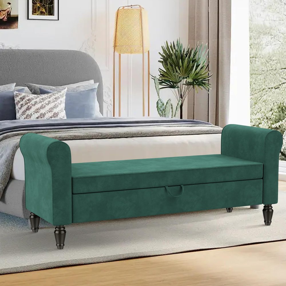 ALISH Modern Storage Bench with Arms Button Tufted Bed Bench with Storage Entryway Bench for Living Room Bedroom Green