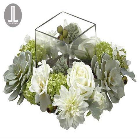 8" Hx14 Wx14 L Rose/Dahlia/Snowball Centerpiece with Glass Candleholder White Green