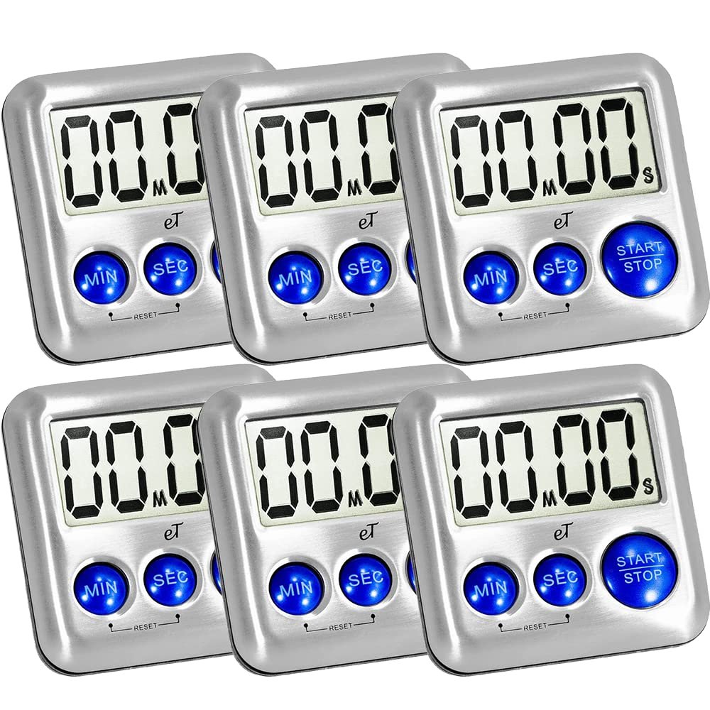 Elegant Digital Kitchen Timer Stainless Steel - Strong Magnetic Back - Kickstand - Loud Alarm - Large Display - Auto Memory - Auto Shut-Off - Model eT-24 (Plumberry 6-Pack) by eTradewinds