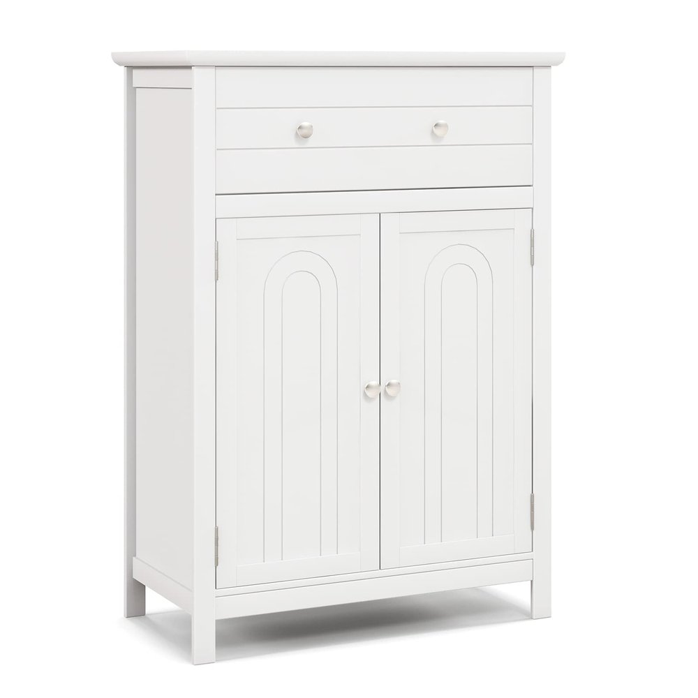 Tangkula White Bathroom Cabinet, Freestanding Wooden Storage Cabinet w/Large Drawer & Cabinet, 2 Doors, 3 Heights Adjustable Shelf, Bathroom Storage for Living Room Kitchen (White)