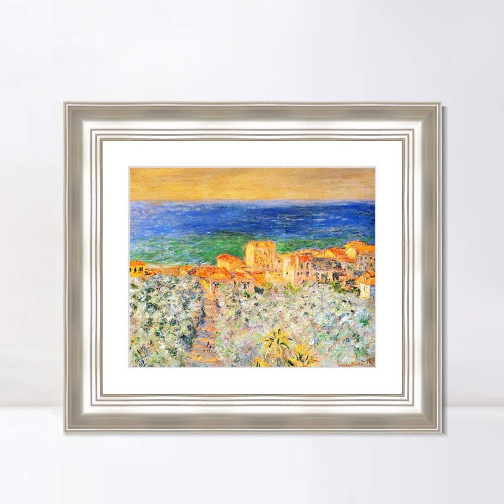 INVIN ART Framed Canvas Art Giclee Print Burgo Marina at Bordighera(1884) by Claude Monet Wall Art Living Room Home Office Decorations(Classic Silver Frame with Mat,20"x24")
