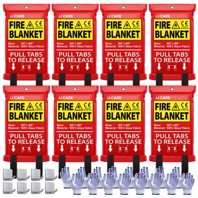 JJ CARE Fire Blanket 8 Pack with Hooks and Gloves, 40" x 40" Flame Retardant Emergency Safety Cover for Home, Kitchen, Grill, Car, Office, Camping, High Heat Resistant