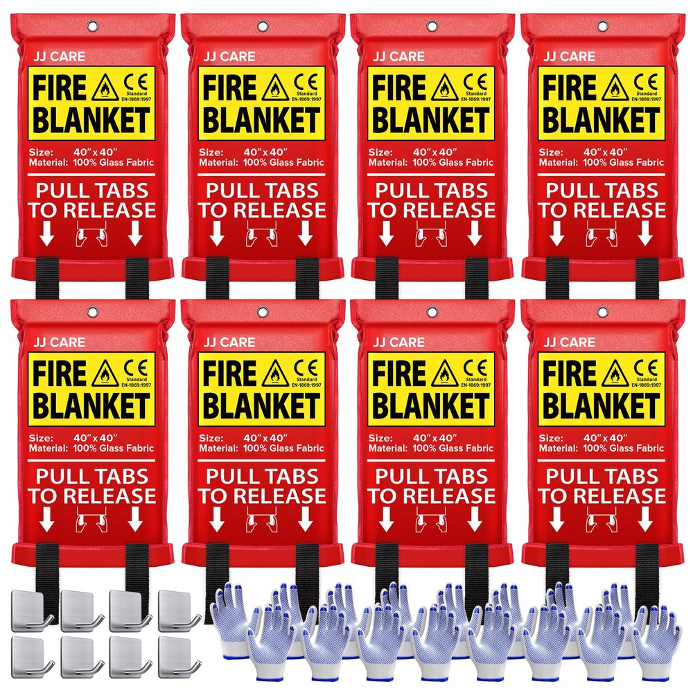 JJ CARE Fire Blanket 8 Pack with Hooks and Gloves, 40" x 40" Flame Retardant Emergency Safety Cover for Home, Kitchen, Grill, Car, Office, Camping, High Heat Resistant