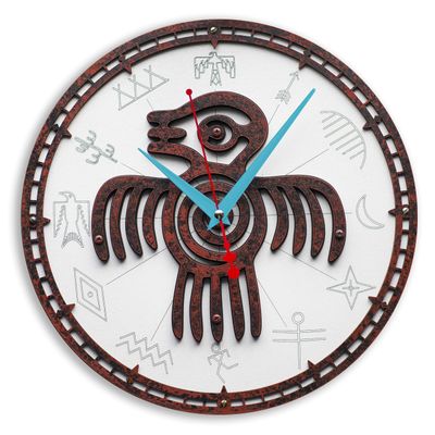 Aztec Spirit Bird Rusty Metal Wall Clock, large native american tribes symbol power strength and courage home decor wooden wall clock, personalized, housewarming, gift