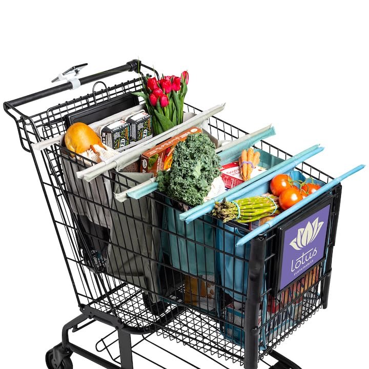 Lotus Earth Tone Trolley Reusable Shopping Bags (4-Pack) Detachable & Reusable Grocery Bags Foldable with Insulated Grocery Bag & Egg/Wine Holder Washable Shopping Tote to Save Time & Easy Storage