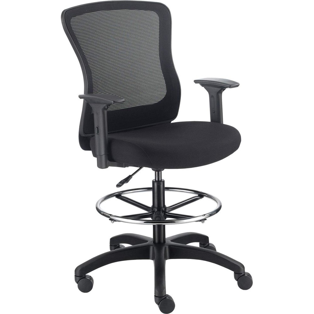 Global Industrial Interion Mesh Back Task Stool with Adjustable Arms, High Back, 3" Thick Fabric Seat, 5-Star Base with Swivel Casters, 350 Lbs Capacity, Black