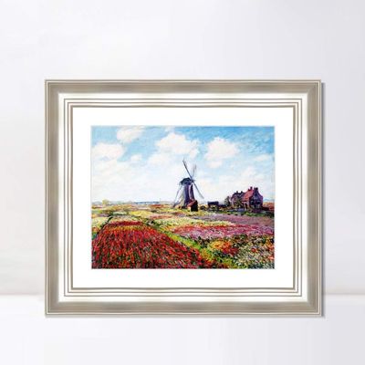INVIN ART Framed Canvas Art Giclee Print Fields of Tulip With The Rijnsburg Windmill by Claude Monet Wall Art Living Room Home Office Decorations(Classic Silver Frame with Mat,20"x24")