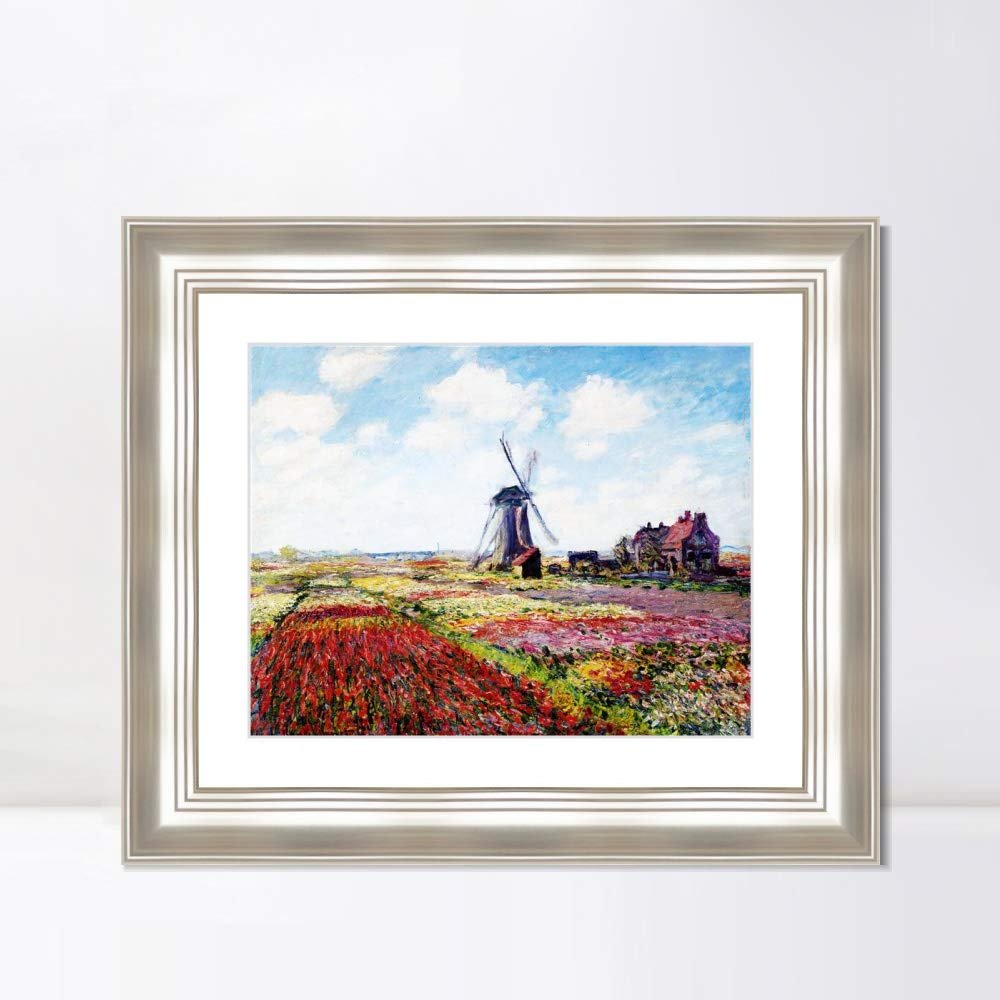 INVIN ART Framed Canvas Art Giclee Print Fields of Tulip With The Rijnsburg Windmill by Claude Monet Wall Art Living Room Home Office Decorations(Classic Silver Frame with Mat,20"x24")