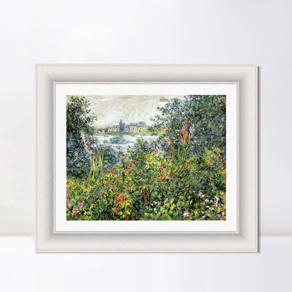 INVIN ART Framed Canvas Art Giclee Print Flowers at Vetheuil, 1880 by Claude Monet Wall Art Living Room Home Office Decorations(Modern Simple White Frame with Mat,20"x24")