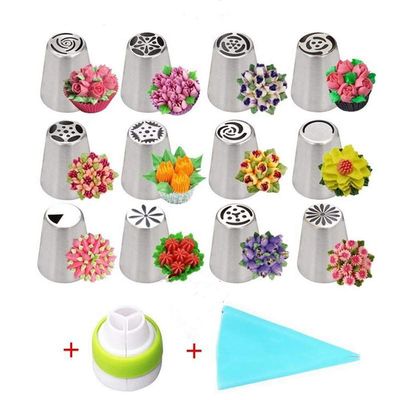 Russian Piping Tips Set, 14pcs Cake Cupcake Decorating Supplies Kit, Tulip Icing Nozzles Flowers Shaped, Frosting Bags and Tips Baking Supplies (1)
