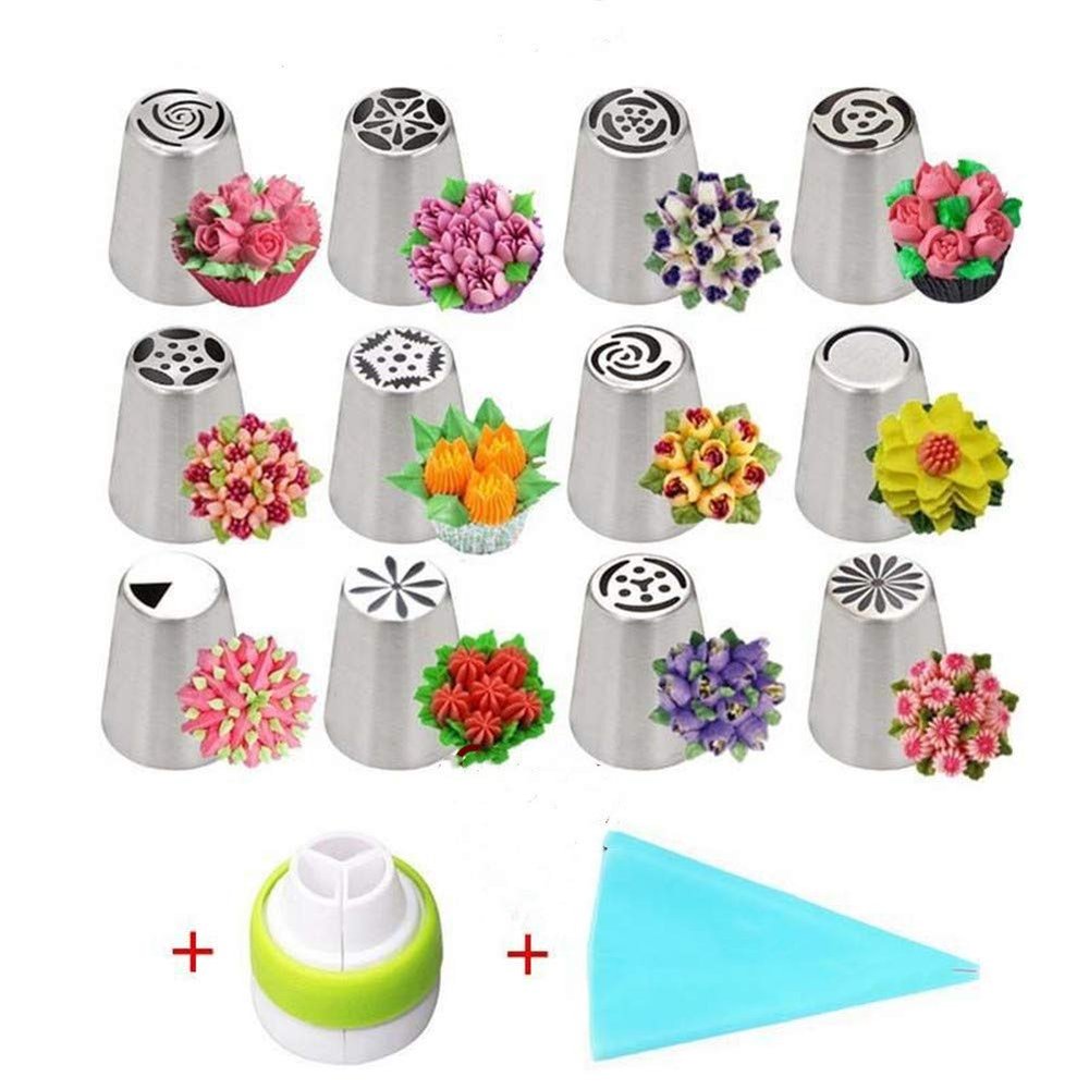 Russian Piping Tips Set, 14pcs Cake Cupcake Decorating Supplies Kit, Tulip Icing Nozzles Flowers Shaped, Frosting Bags and Tips Baking Supplies (1)