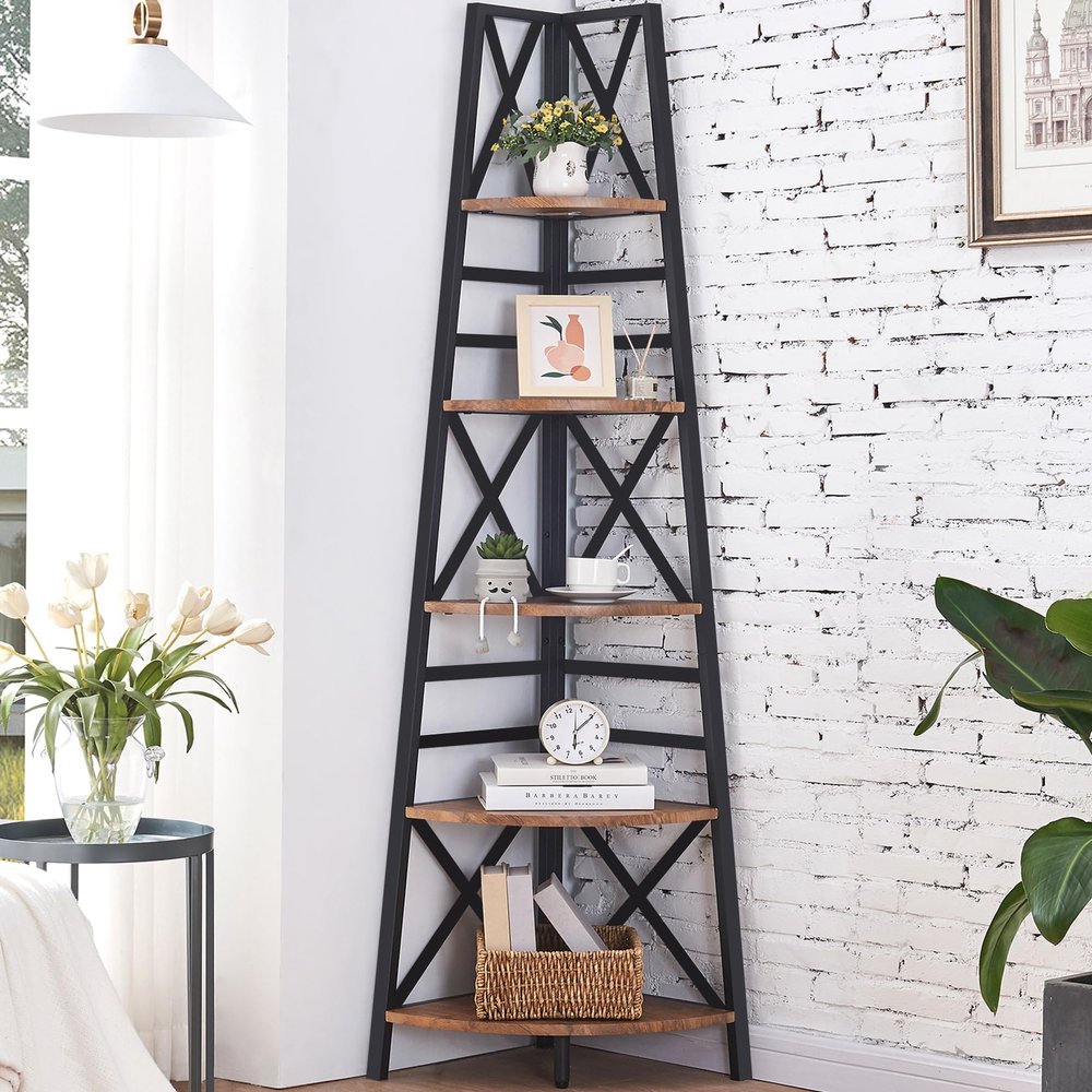 HOMBAZAAR 72 Inch Tall Corner Shelf, 5 Tier Corner Ladder Bookshelf, Tall Corner Bookcase with Metal Frame, Rustic Shelf Stand for Living Room, Bedroom, Office, Rustic Brown