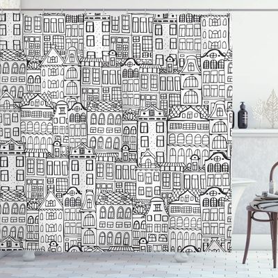 Ambesonne Amsterdam Shower Curtain, Monochrome Style Cartoon Drawing of Historic Houses Clutter City Town, Cloth Fabric Bathroom Decor Set with Hooks, 69" W x 84" L, Charcoal White