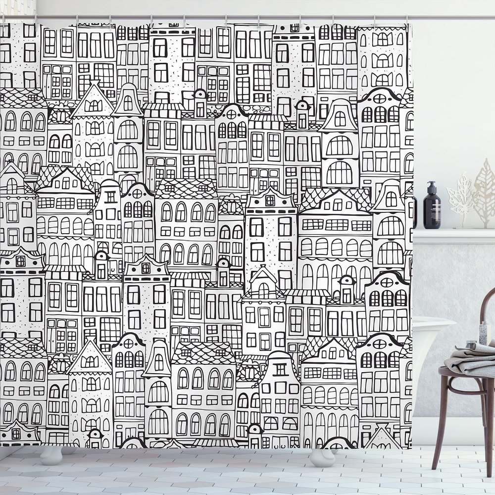 Ambesonne Amsterdam Shower Curtain, Monochrome Style Cartoon Drawing of Historic Houses Clutter City Town, Cloth Fabric Bathroom Decor Set with Hooks, 69" W x 84" L, Charcoal White