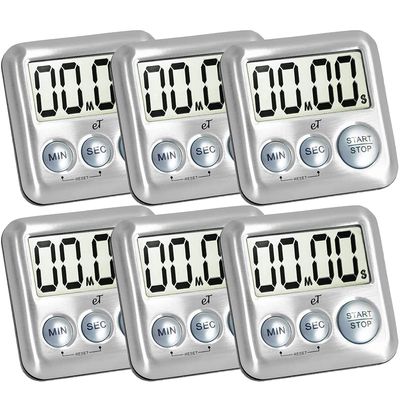 Elegant Digital Kitchen Timer Stainless Steel - Silver - Strong Magnetic Back - Kickstand - Loud Alarm - Large Display - Auto Memory - Auto Shut-Off - Model eT-26 (Silver 6-Pack) by eTradewinds