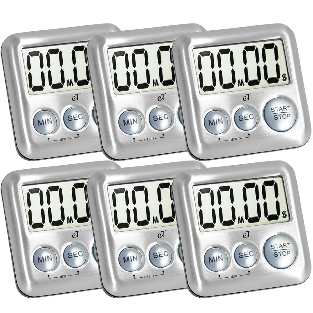 Elegant Digital Kitchen Timer Stainless Steel - Silver - Strong Magnetic Back - Kickstand - Loud Alarm - Large Display - Auto Memory - Auto Shut-Off - Model eT-26 (Silver 6-Pack) by eTradewinds