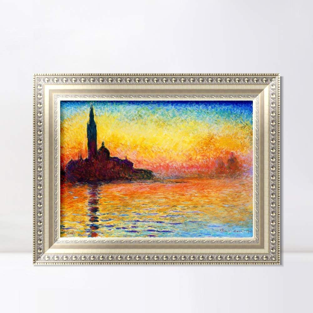 INVIN ART Framed Canvas Art Giclee Print San Giorgio Maggiore at Dusk by Claude Monet Wall Art Living Room Home Office Decorations(European Style Silver Frame,20"x24")