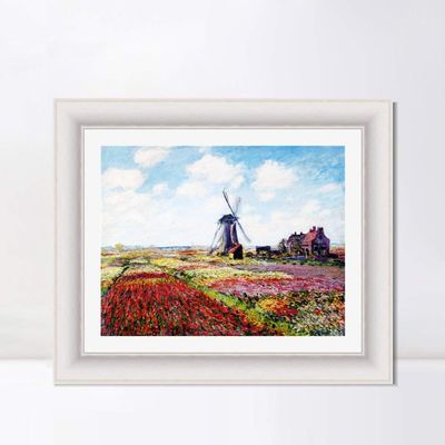 INVIN ART Framed Canvas Art Giclee Print Fields of Tulip With The Rijnsburg Windmill by Claude Monet Wall Art Living Room Home Office Decorations(Modern Simple White Frame with Mat,20"x24")