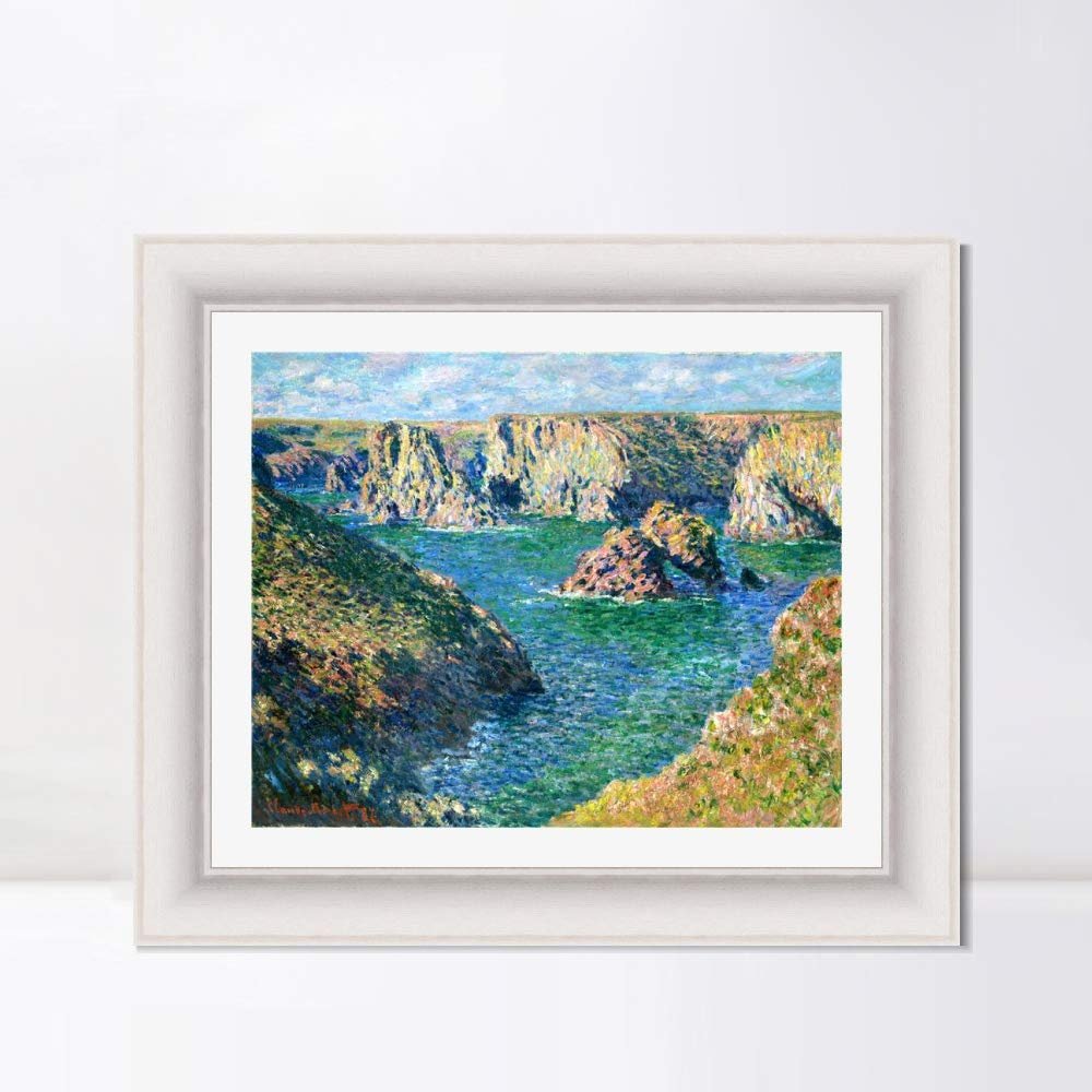 INVIN ART Framed Canvas Art Giclee Print Port Donnant, Belle Ile (1886) by Claude Monet Wall Art Living Room Home Office Decorations(Modern Simple White Frame with Mat,20"x24")