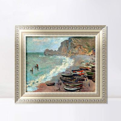 INVIN ART Framed Canvas Art Giclee Print Beach at tretat (1883) by Claude Monet Wall Art Living Room Home Office Decorations(European Style Silver Frame,20"x24")