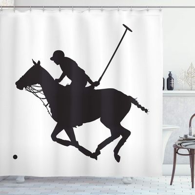 Ambesonne Sports Shower Curtain, Silhouette Illustration of Polo Player on a Horse Hitting a Ball Print, Cloth Fabric Bathroom Decor Set with Hooks, 69" W x 75" L, Charcoal Grey and White