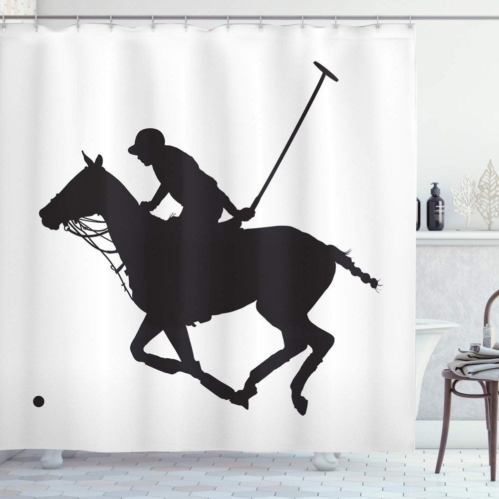 Ambesonne Sports Shower Curtain, Silhouette Illustration of Polo Player on a Horse Hitting a Ball Print, Cloth Fabric Bathroom Decor Set with Hooks, 69" W x 75" L, Charcoal Grey and White