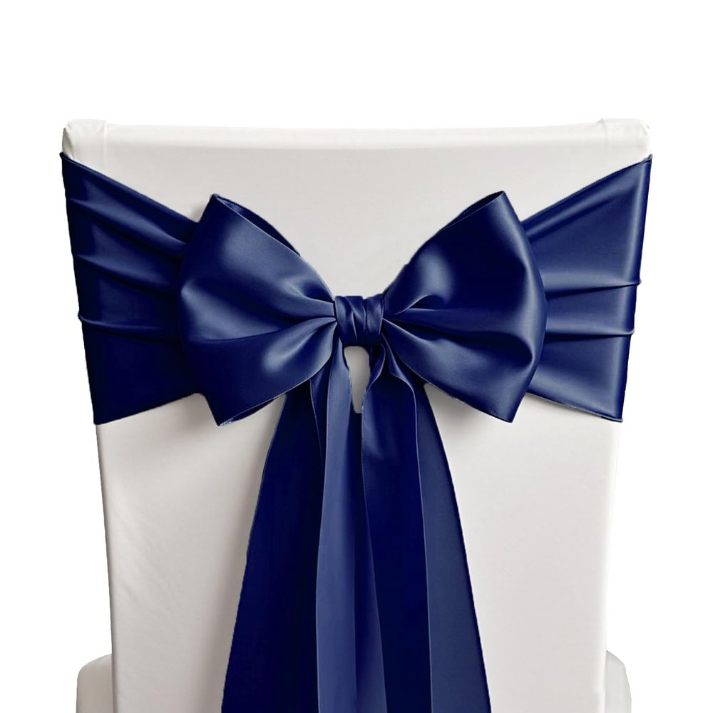 SINSSOWL 50 Navy Blue Chair Sashes Satin Chair Bows for Wedding Birthday Party Fiesta Restaurant Decor - 7x108 Inches Chairs Ribbons Ties Fitted Banquets Folding Chairs Decorations