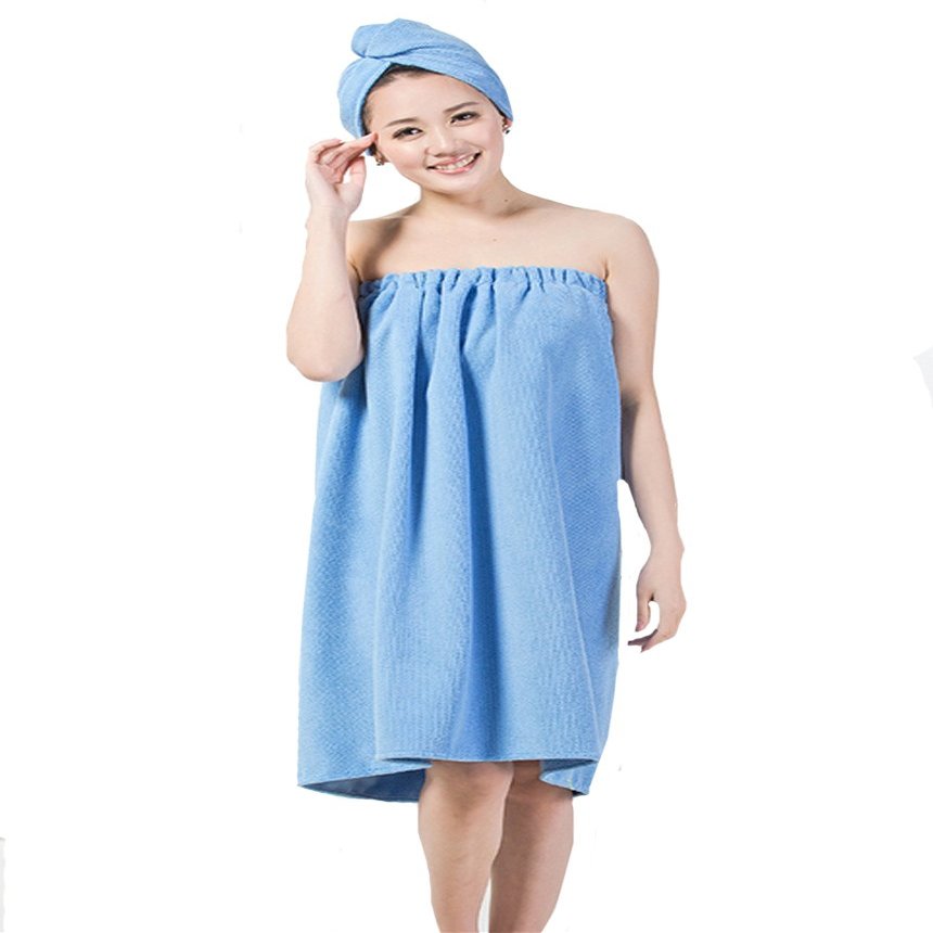 Adela Women Super Soft Absorbent Bath Towel Wrap Shower Skirt and Hair Drying Turban, Blue