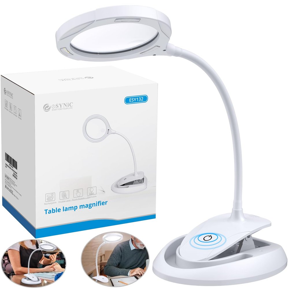 eSynic Lighted Magnifying Glass with Stand-USB-C Rechargeable-5X&10X Magnification-4.3" Large Lens-Desk Magnifier Lamp With Clamp & Heavy Base-3 Levels Brightness-Flexible Gooseneck for Reading Crafts