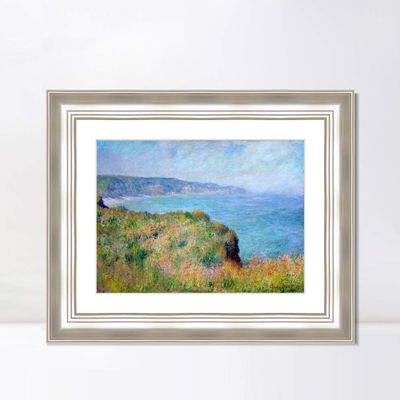 INVIN ART Framed Canvas Art Giclee Print Cliff near Pourville (1882) by Claude Monet Wall Art Living Room Home Office Decorations(Classic Silver Frame with Mat,20"x24")