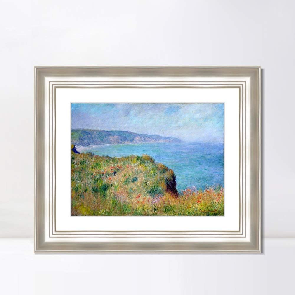 INVIN ART Framed Canvas Art Giclee Print Cliff near Pourville (1882) by Claude Monet Wall Art Living Room Home Office Decorations(Classic Silver Frame with Mat,20"x24")