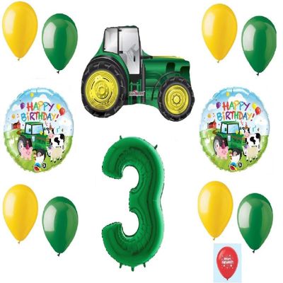 13 Piece New BALLOON set GREEN 3rd #3 BIRTHDAY TRACTOR Third PARTY favors GIFT decoration