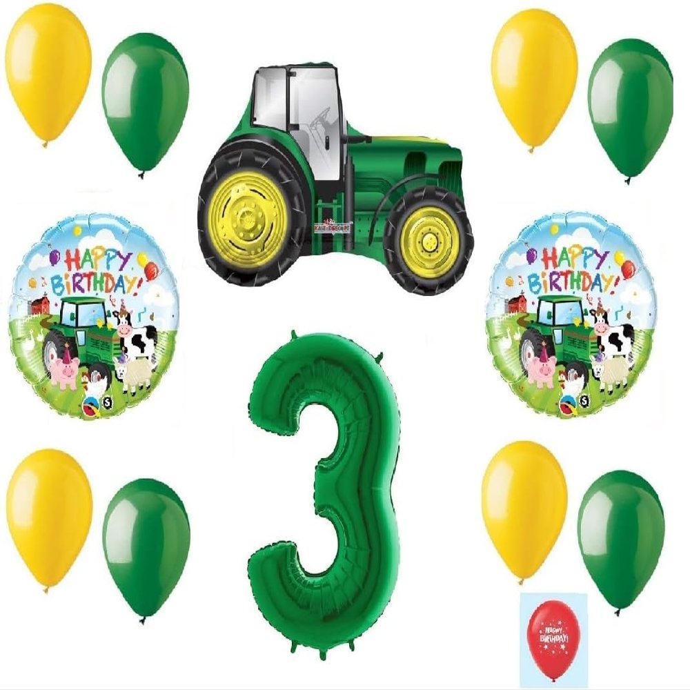 13 Piece New BALLOON set GREEN 3rd #3 BIRTHDAY TRACTOR Third PARTY favors GIFT decoration