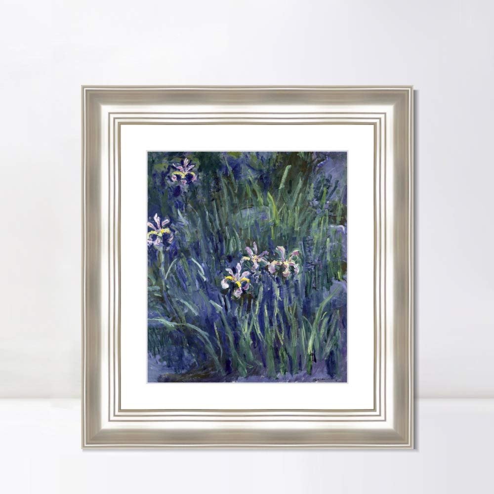 INVIN ART Framed Canvas Art Giclee Print Iris, 1914-1917 by Claude Monet Wall Art Living Room Home Office Decorations(Classic Silver Frame with Mat,20"x24")